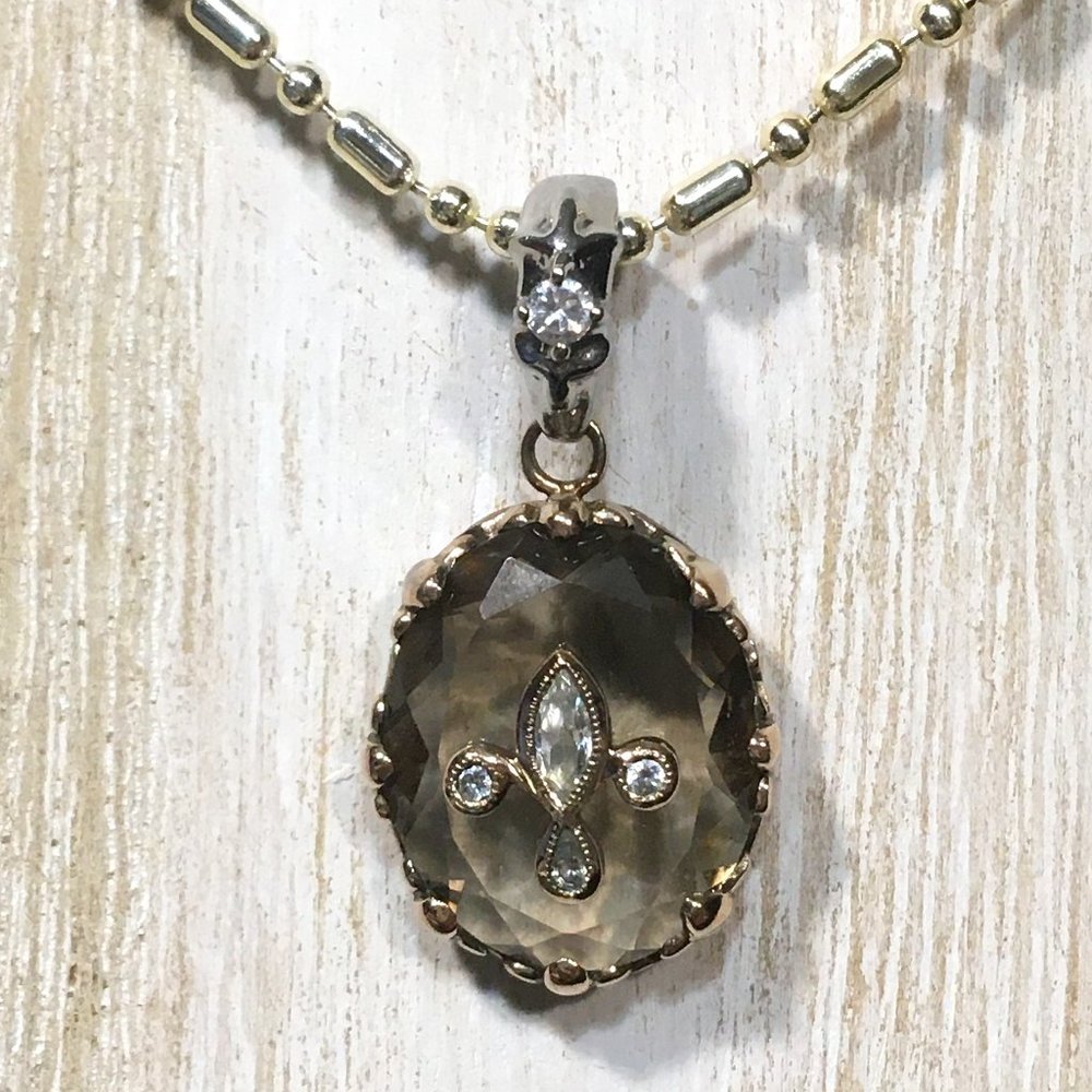 AUTHENTIC BLOOM SS, CZ FLEUR DE LIS SMOKEY QUARTZ, ROSE QUARTZ PENDANT 1-1/4"